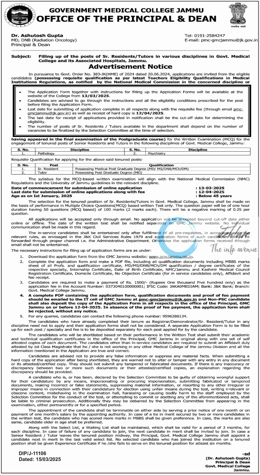 GMC JAMMU SR RESIDENTS/TUTORS ADVERTISEMENT NOTICE 2025