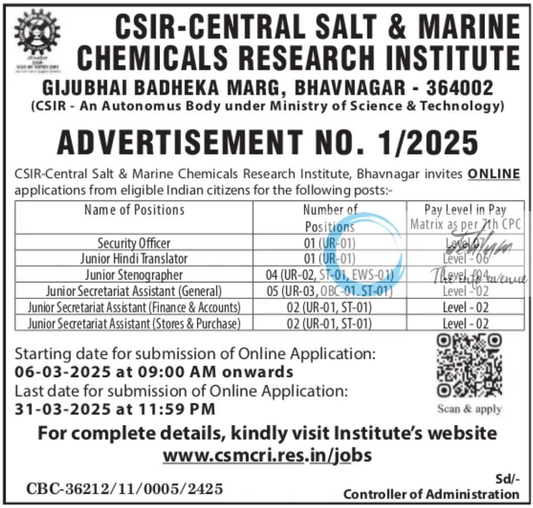 CSIR-CENTRAL SALT & MARINE CHEMICALS RESEARCH INSTITUTE RECRUITMENT ADVERTISEMENT NO 1/2025