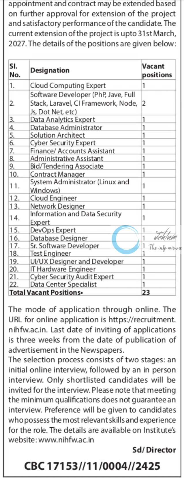 THE NATIONAL INSTITUTE OF HEALTH AND FAMILY WELFARE VACANCY NOTICE 2025