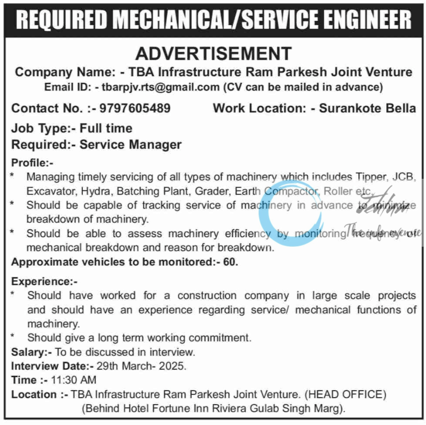 TBA Infrastructure Ram Parkesh Joint Venture Jammu Mechanical/Service Engineer Jobs Vacancy 2025