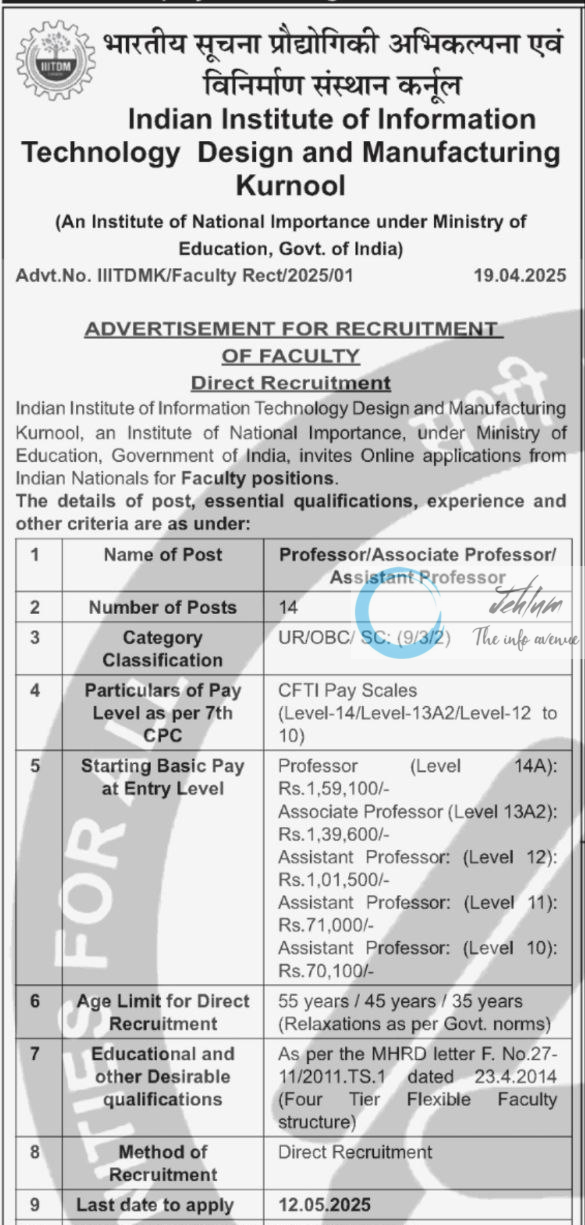 INDIAN INSTITUTE OF INFORMATION TECHNOLOGY DESIGN AND MANUFACTURING KURNOOL FACULTY RECRUITMENT ADVT NOTIFICATION NO IIITDMK/Faculty Rect/2025/01