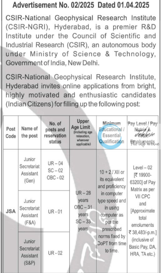 CSIR-NATIONAL GEOPHYSICAL RESEARCH INSTITUTE CSIR-NGRI RECRUITMENT ADVT NOTIFICATION NO 02/2025