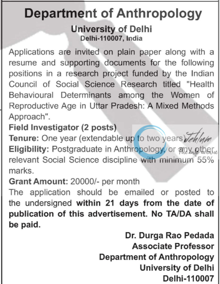 UNIVERSITY OF DELHI DU DEPARTMENT OF ANTHROPOLOGY RECRUITMENT ADVT NOTIFICATION 2025
