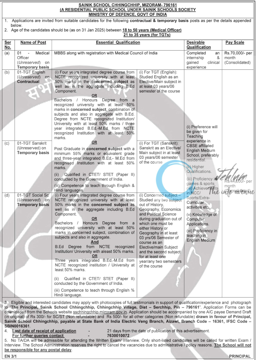 SAINIK SCHOOL CHHINGCHHIP MIZORAM RECRUITMENT ADVERTISEMENT NOTICE 2025