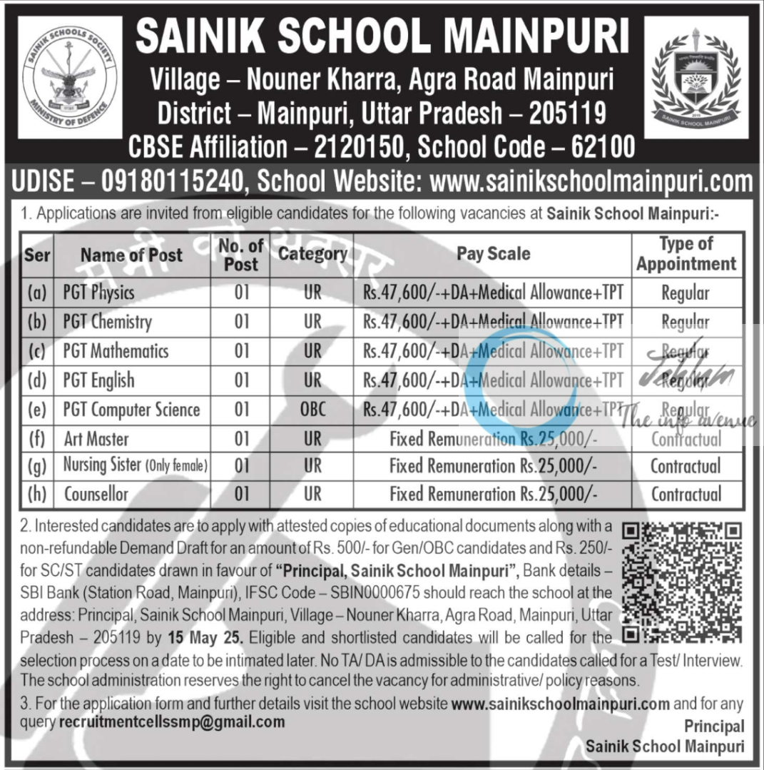 SAINIK SCHOOL MAINPURI RECRUITMENT ADVERTISEMENT NOTICE 2025