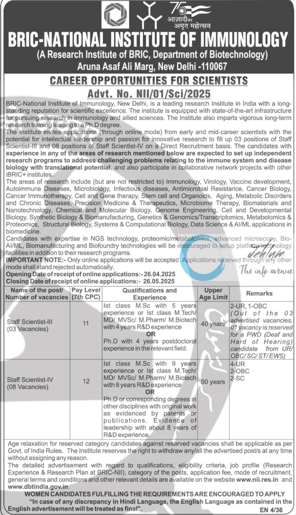 BRIC-NATIONAL INSTITUTE OF IMMUNOLOGY SCIENTISTS RECRUITMENT ADVT NO NII/01/Sci/2025