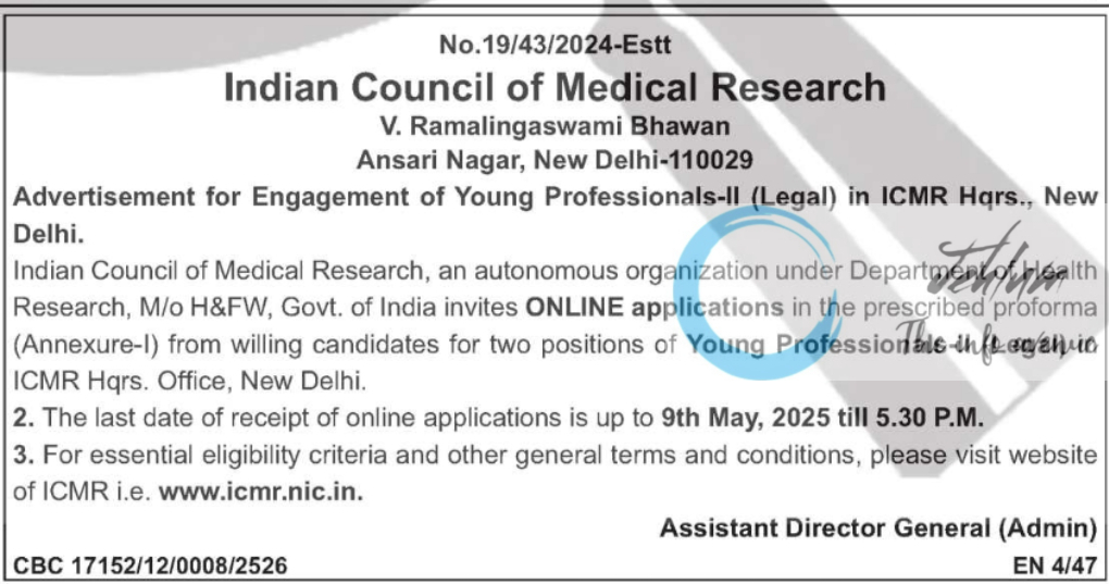 Indian Council of Medical Research ICMR Young Professionals Legal Recruitment Advertisement No 19/43/2024-Estt