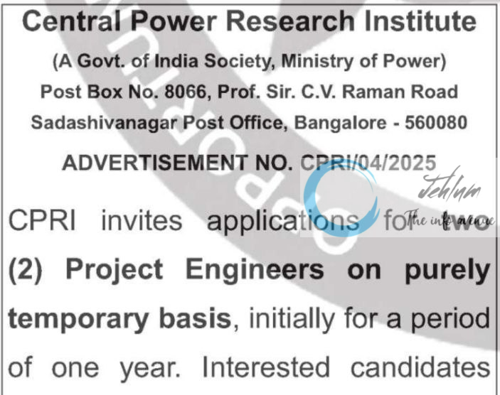 CENTRAL POWER RESEARCH INSTITUTE RECRUITMENT ADVT NOTIFICATION NO CPRI/04/2025