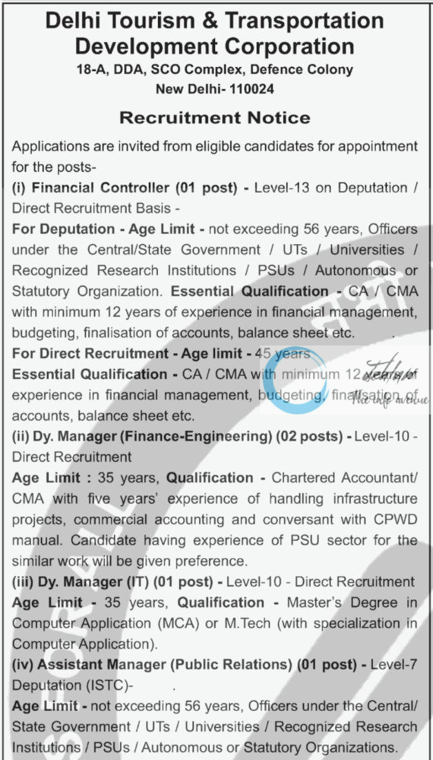 DELHI TOURISM & TRANSPORTATION DEVELOPMENT CORPORATION DTTDC RECRUITMENT ADVT NOTIFICATION 2025