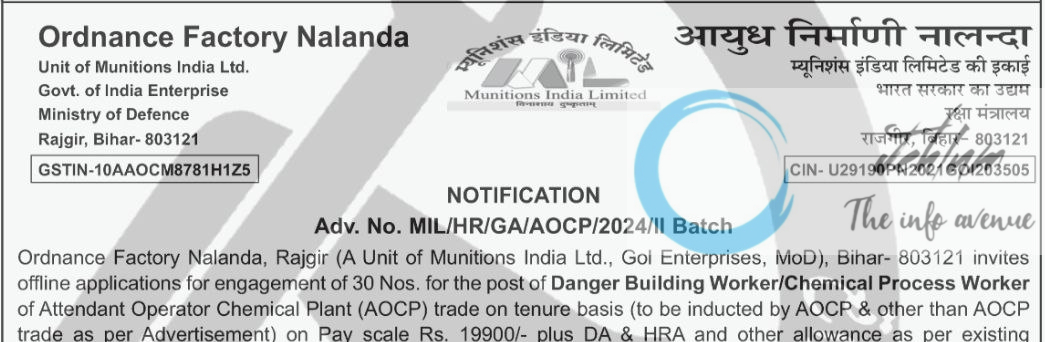 ORDNANCE FACTORY NALANDA RECRUITMENT ADVT NOTIFICATION NO MIL/HR/GA/AOCP/2024/II Batch