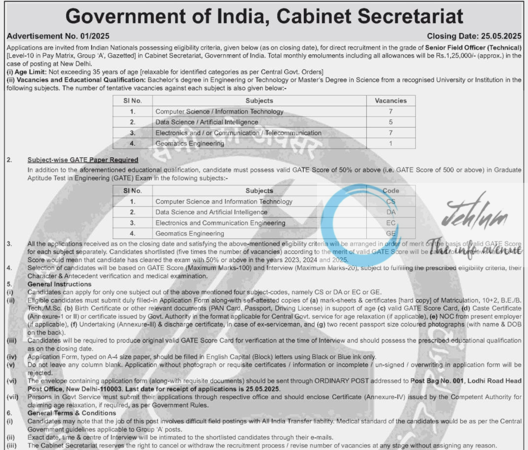 GOVERNMENT OF INDIA CABINET SECRETARIAT RECRUITMENT ADVT NOTIFICATION NO 01/2025