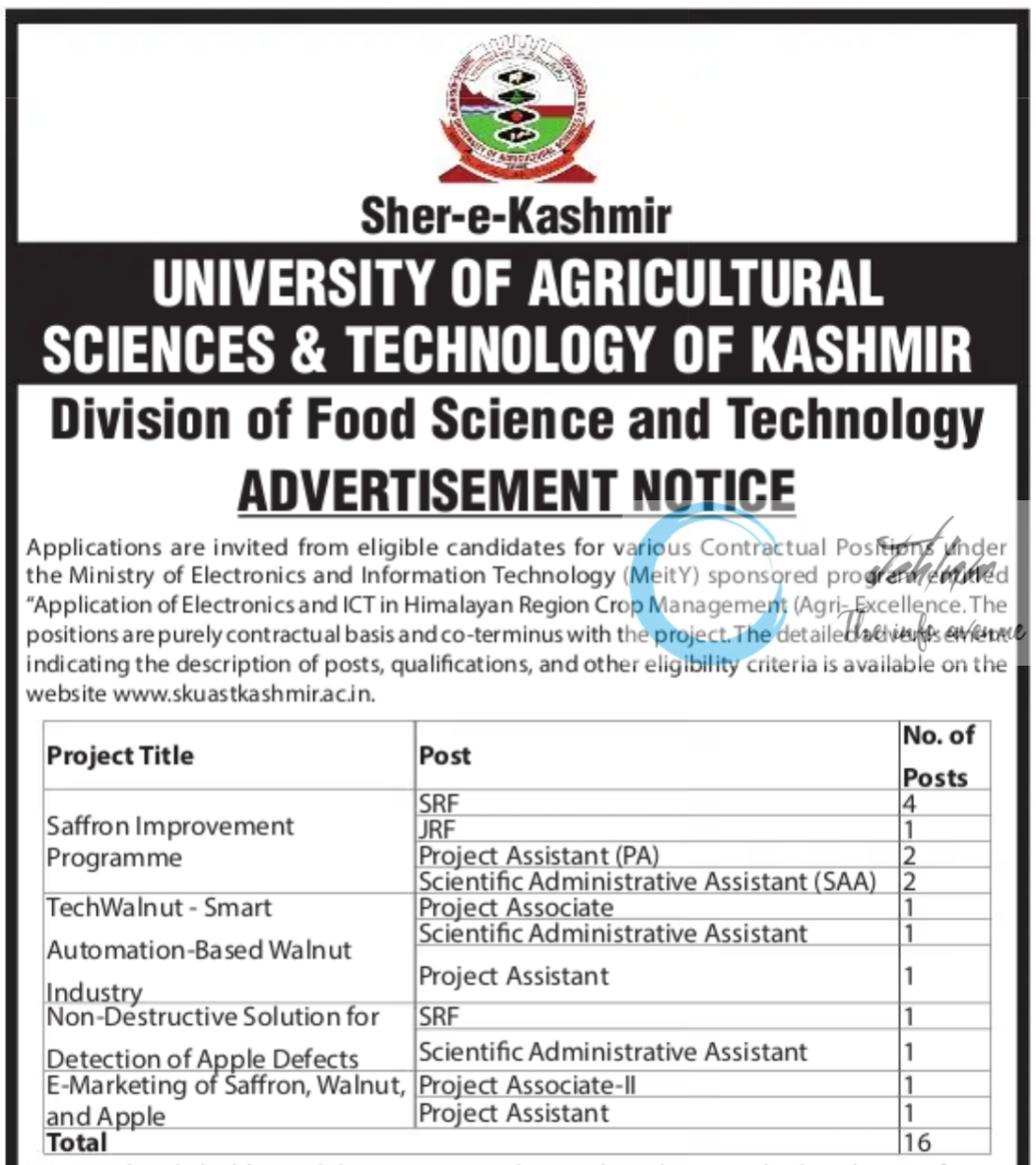 SKUAST Kashmir Division of Food Science and Technology Advertisement Notice No AU/FST/MeiTY/2025/198