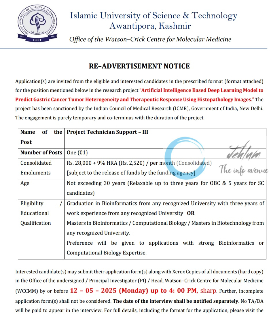 ISLAMIC UNIVERSITY OF SCIENCE & TECHNOLOGY AWANTIPORA RE-ADVERTISEMENT NOTIFICATION NO IUST/WCCMM/Re_Advertisement/ICMR/25/175 Watson-Crick Centre for Molecular Medicine