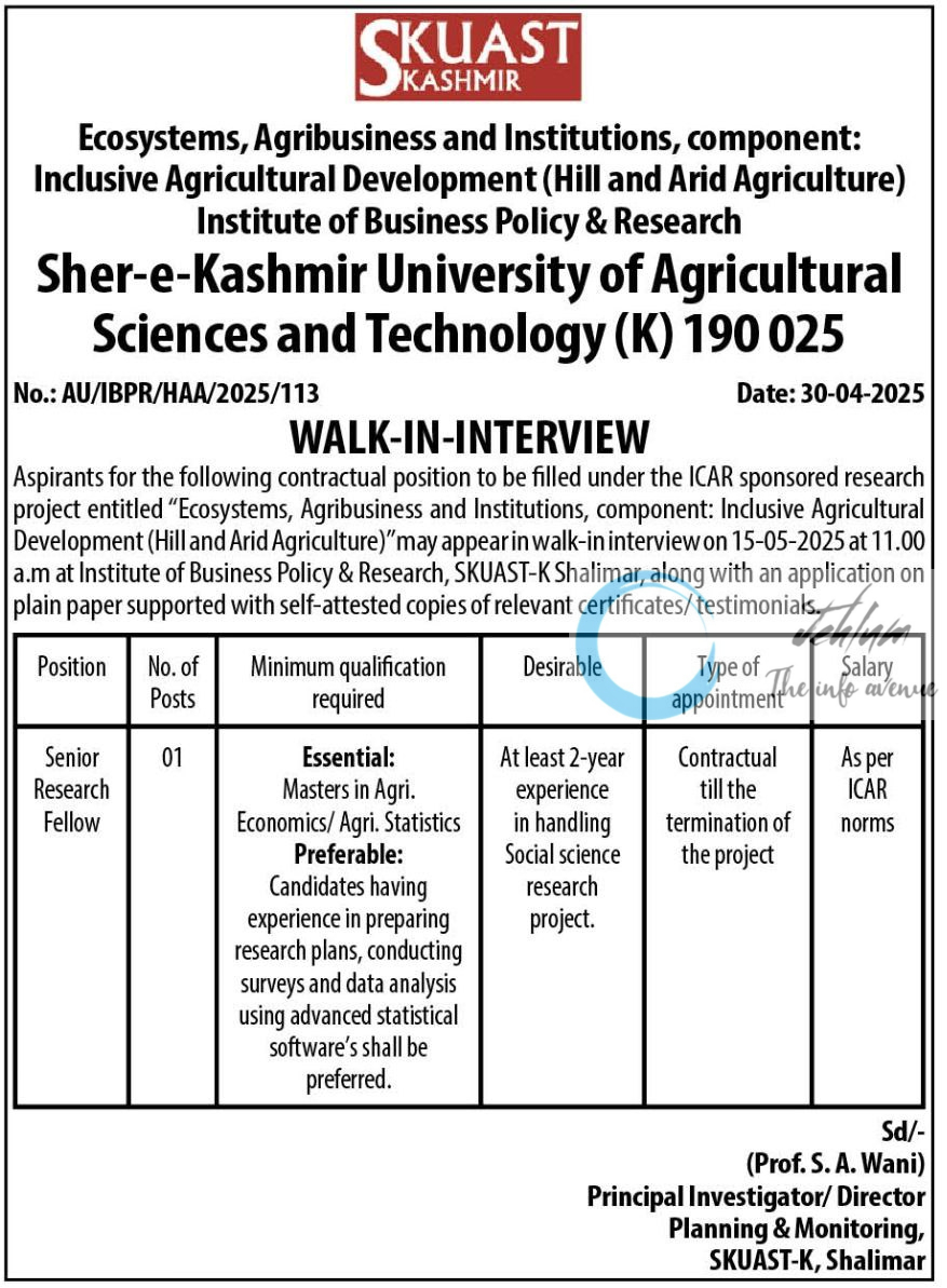 SHER E KASHMIR UNIVERSITY OF AGRICULTURAL SCIENCES AND TECHNOLOGY SKUAST KASHMIR SRF RECRUITMENT ADVT NOTIFICATION AU/IBPR/HAA/2025/113