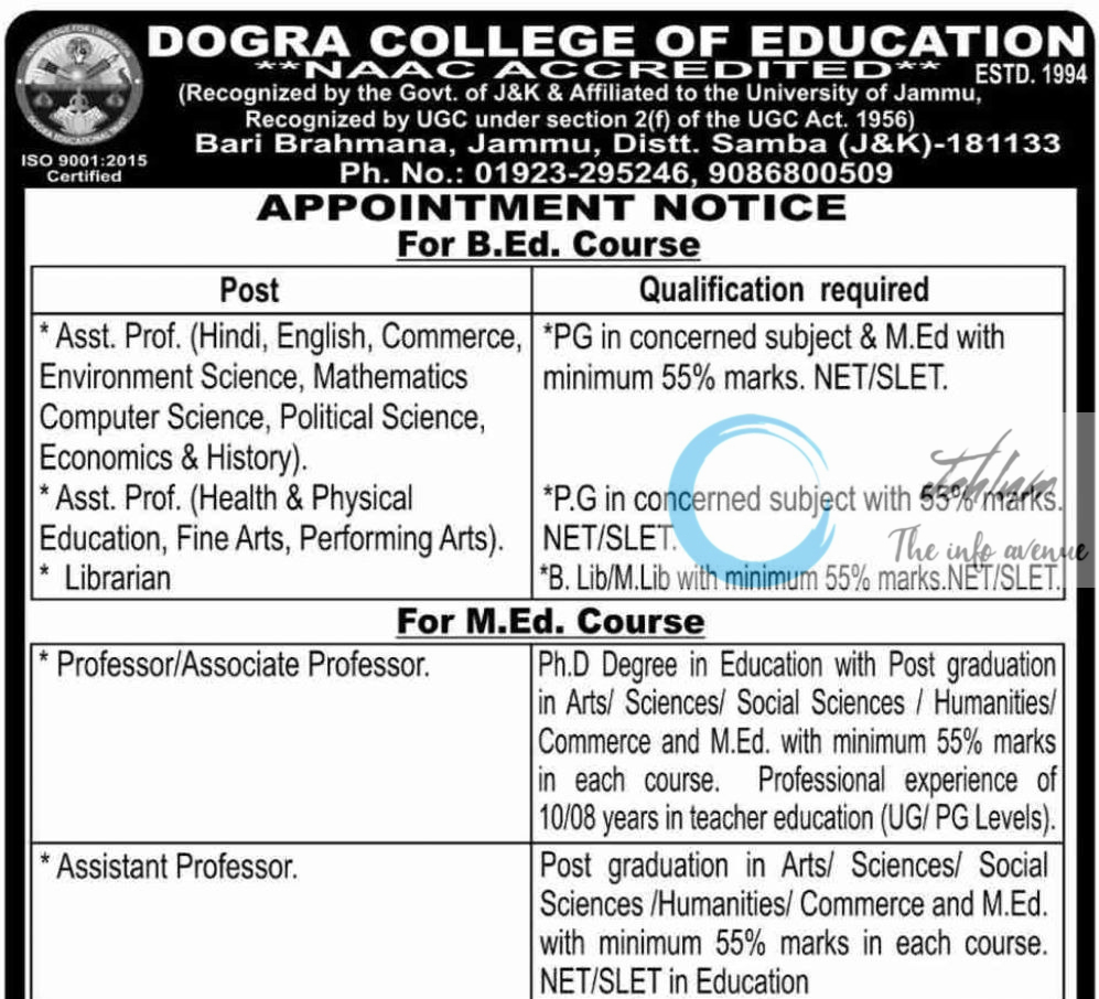 DOGRA COLLEGE OF EDUCATION DCE JAMMU RECRUITMENT ADVERTISEMENT NOTIFICATION 2025 