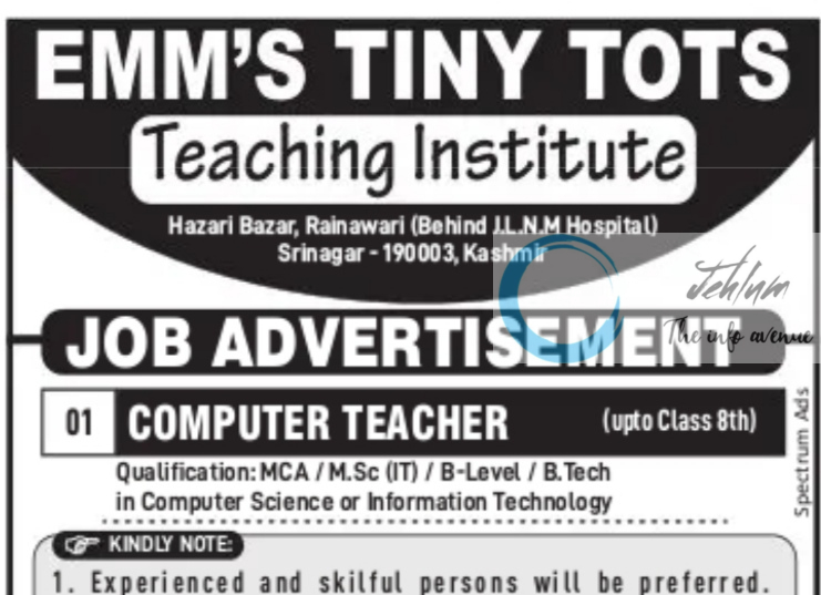 EMMS TINY TOTS INSTITUTE SRINAGAR COMPUTER TEACHER JOB ADVERTISEMENT NO EMS/Advt/04/2025