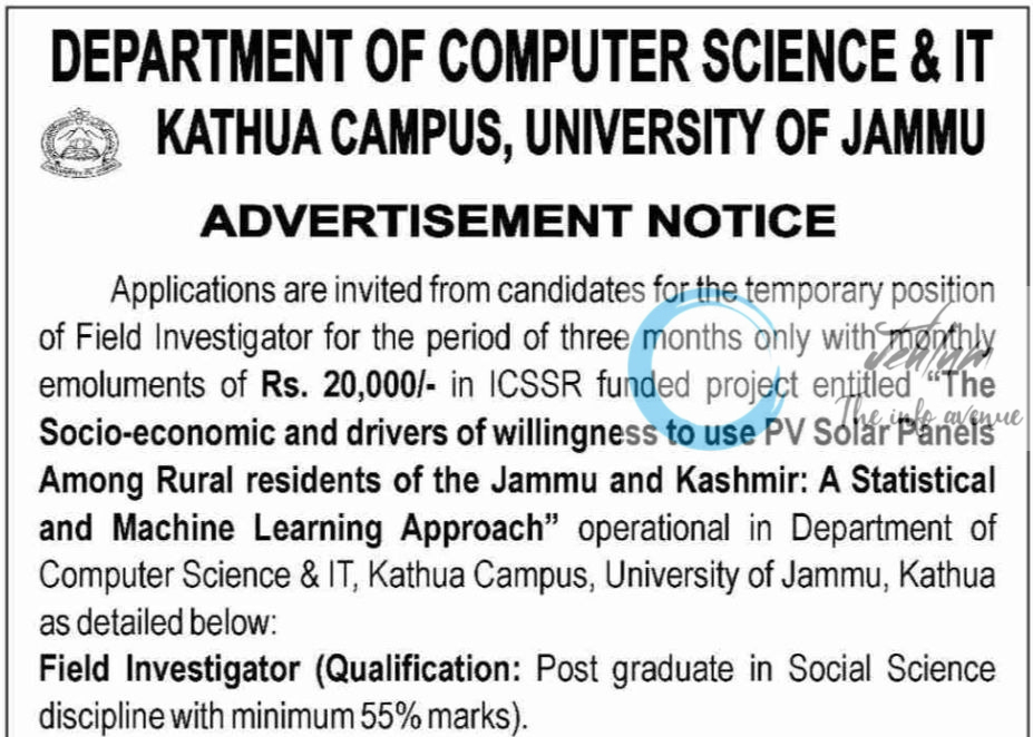 UNIVERSITY OF JAMMU KATHUA CAMPUS DEPARTMENT OF COMPUTER SCIENCE & IT FIELD INVESTIGATOR ADVERTISEMENT NOTICE NO ICSSR/PD/2025-26/03