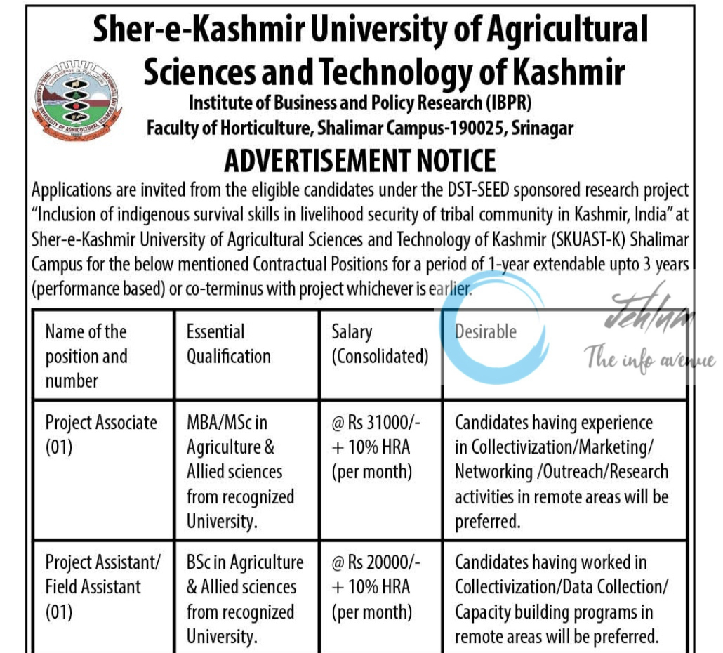 SKUAST KASHMIR INSTITUTE OF BUSINESS AND POLICY RESEARCH IBPR FACULTY OF HORTICULTURE RECRUITMENT ADVERTISEMENT NOTICE 2025