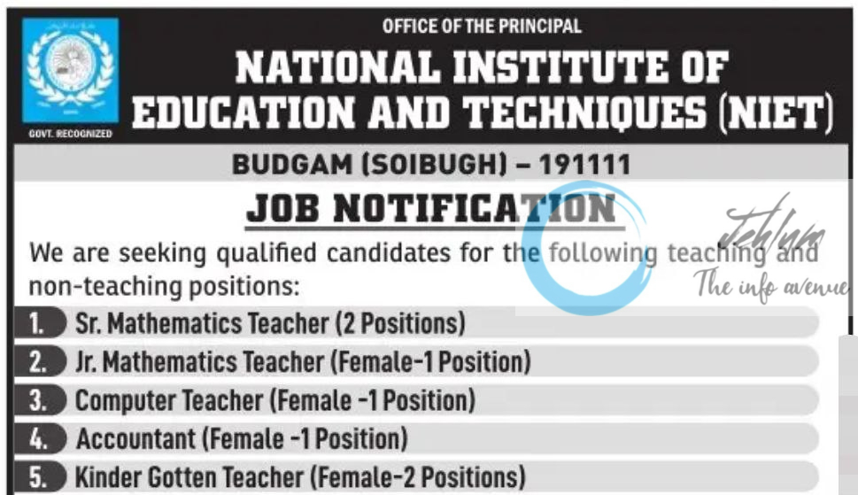 NATIONAL INSTITUTE OF EDUCATION AND TECHNIQUES NIET BUDGAM JOB NOTIFICATION 2025