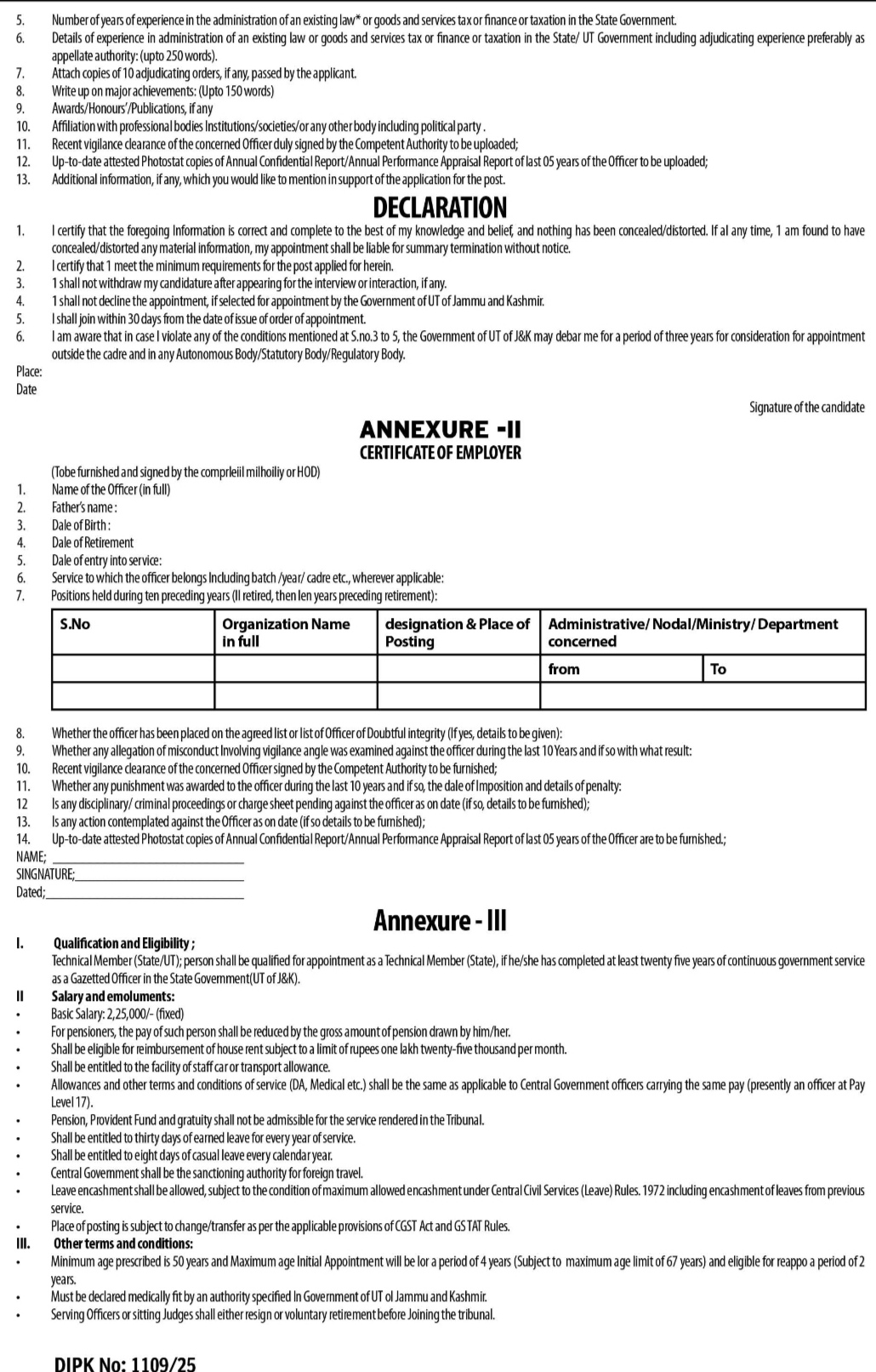 FINANCE DEPARTMENT CIVIL SECRETARIAT UT OF J&K VACANCY CIRCULAR FOR POST OF TECHNICAL MEMBER 2025