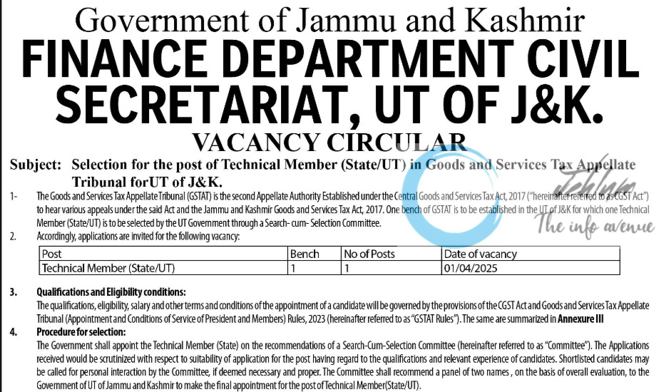 FINANCE DEPARTMENT CIVIL SECRETARIAT UT OF J&K VACANCY CIRCULAR FOR POST OF TECHNICAL MEMBER 2025