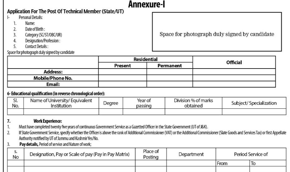 FINANCE DEPARTMENT CIVIL SECRETARIAT UT OF J&K VACANCY CIRCULAR FOR POST OF TECHNICAL MEMBER 2025