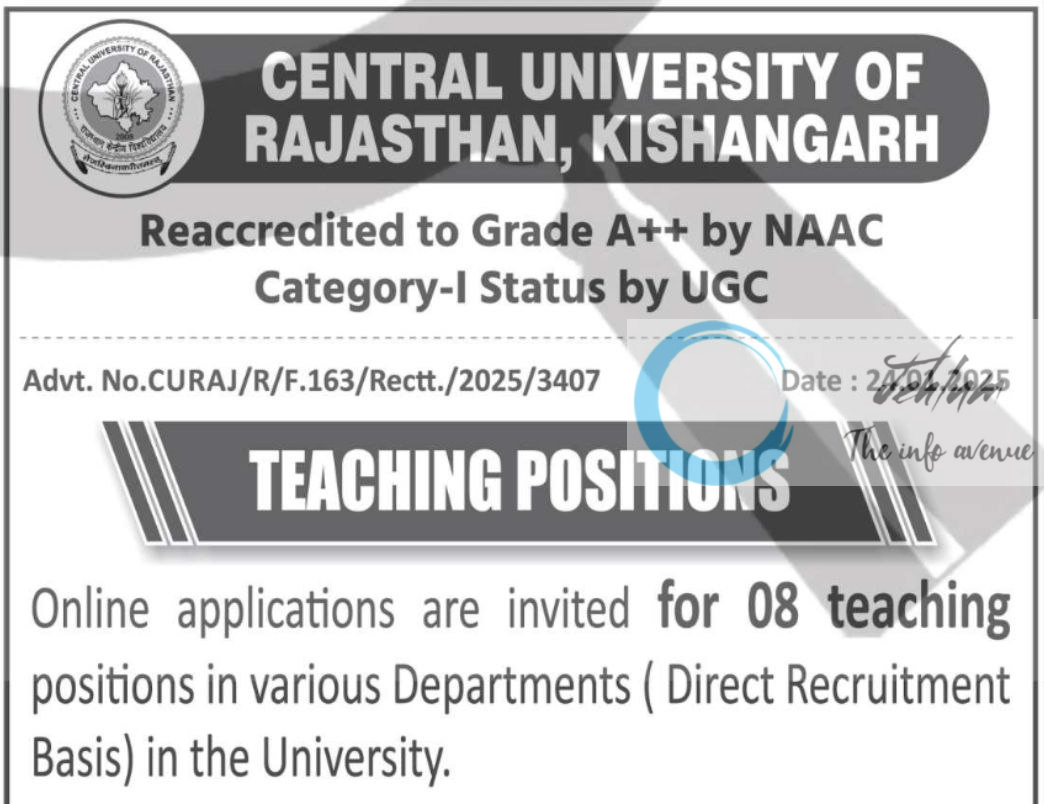 CENTRAL UNIVERSITY OF RAJASTHAN TEACHING POSITIONS ADVT NOTIFICATION NO CURAJ/R/F 163/Rectt/2025/3407
