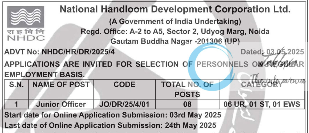 NATIONAL HANDLOOM DEVELOPMENT CORPORATION LTD JUNIOR OFFICER RECRUITMENT ADVT NOTIFICATION NO NHDC/HR/DR/2025/4