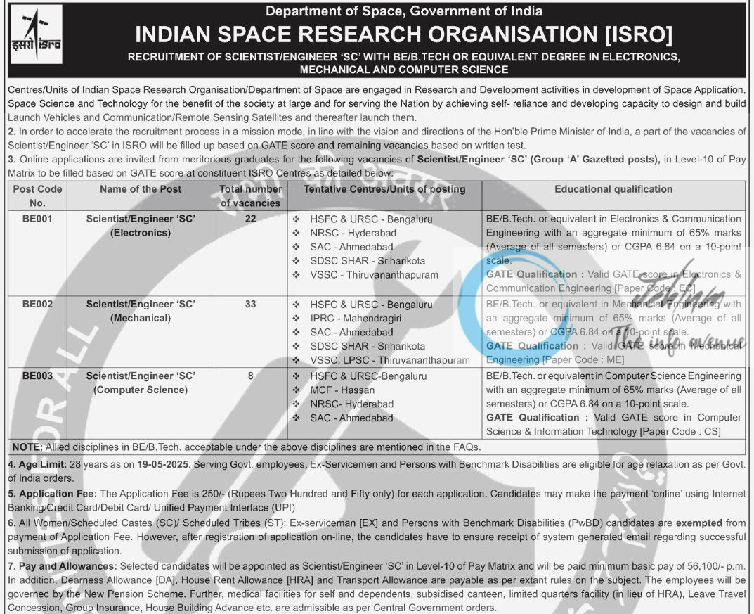 INDIAN SPACE RESEARCH ORGANISATION ISRO RECRUITMENT OF SCIENTIST/ENGINEER ADVT NOTIFICATION 2025