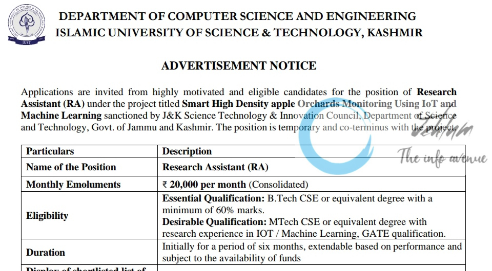 DEPARTMENT OF COMPUTER SCIENCE AND ENGINEERING ISLAMIC UNIVERSITY OF SCIENCE & TECHNOLOGY IUST KASHMIR ADVERTISEMENT NOTICE 2025