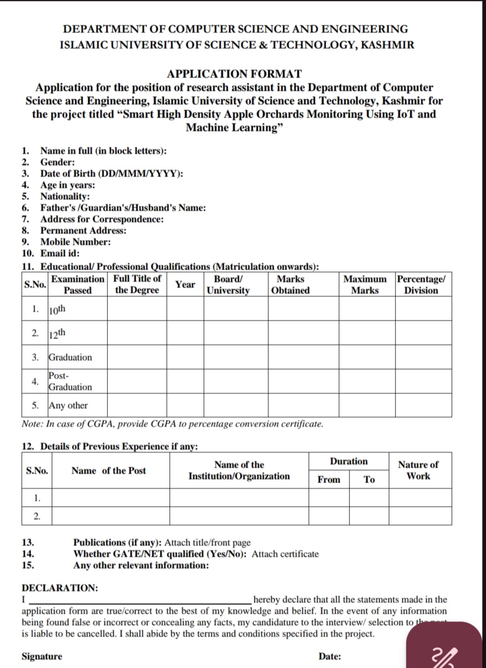 IUST KASHMIR DEPTT OF COMPUTER SCIENCE AND ENGINEERING RESEARCH ASSISTANT RECRUITMENT ADVERTISEMENT NOTICE 2025