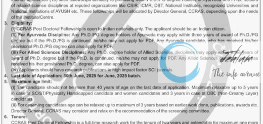 CENTRAL COUNCIL FOR RESEARCH IN AYURVEDIC SCIENCES CCRAS POST DOCTORAL FELLOWSHIP PROGRAM ADVT NOTIFICATION 2025