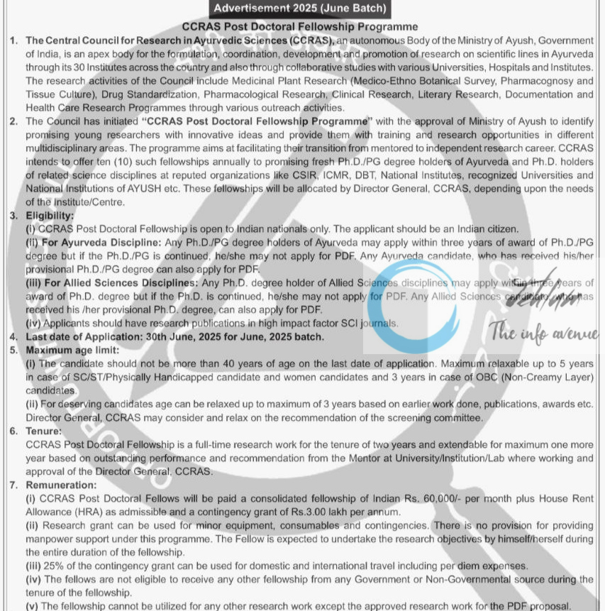 CENTRAL COUNCIL FOR RESEARCH IN AYURVEDIC SCIENCES CCRAS POST DOCTORAL FELLOWSHIP PROGRAM ADVT NOTIFICATION 2025