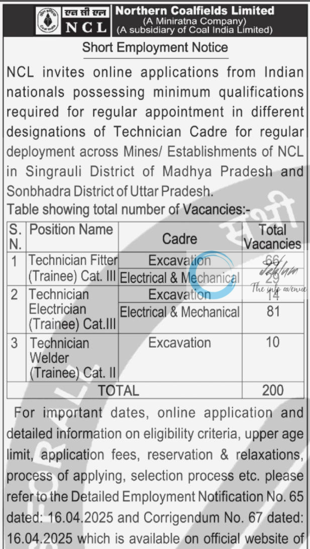 NORTHERN COALFIELDS LIMITED NCL EMPLOYMENT NOTICE ADVT NOTIFICATION NO 65/2025 67/2025