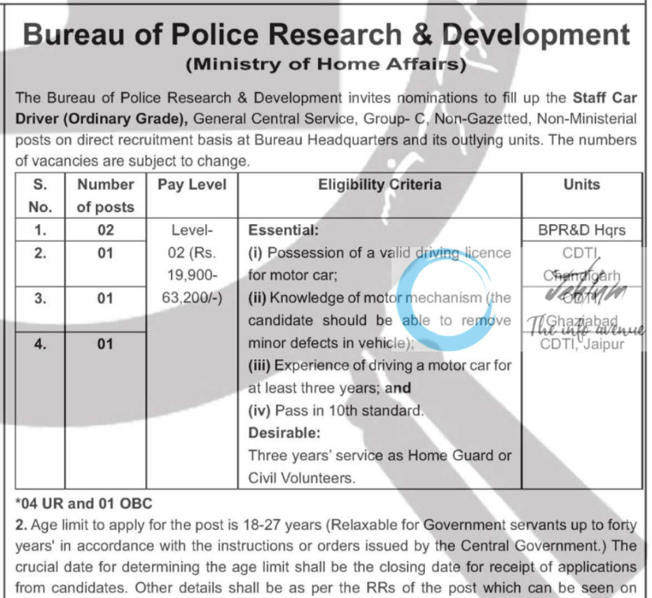 BUREAU OF POLICE RESEARCH & DEVELOPMENT BPR&D CAR DRIVER RECRUITMENT ADVT NOTIFICATION 2025