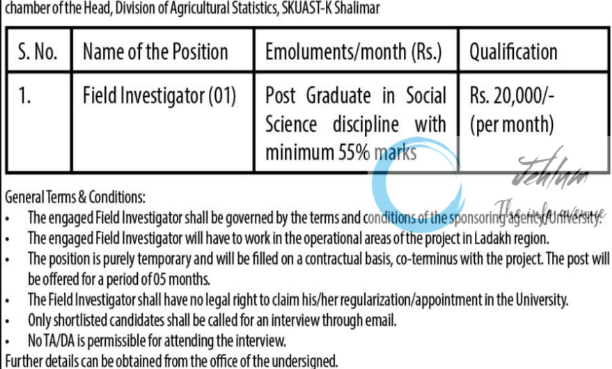 SKUAST KASHMIR DIVISION OF AGRICULTURAL STATISTICS FIELD INVESTIGATOR RECRUITMENT ADVT NOTIFICATION NO AU/AS/ICSSR SOLAR/2025/34