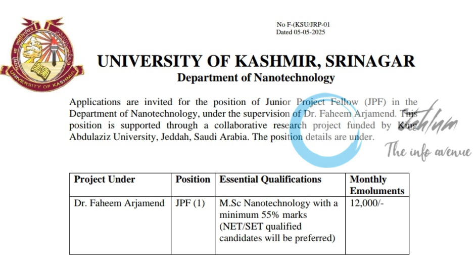 UNIVERSITY OF KASHMIR SRINAGAR DEPTT OF NANOTECHNOLOGY JPF ADVERTISEMENT NOTICE 2025