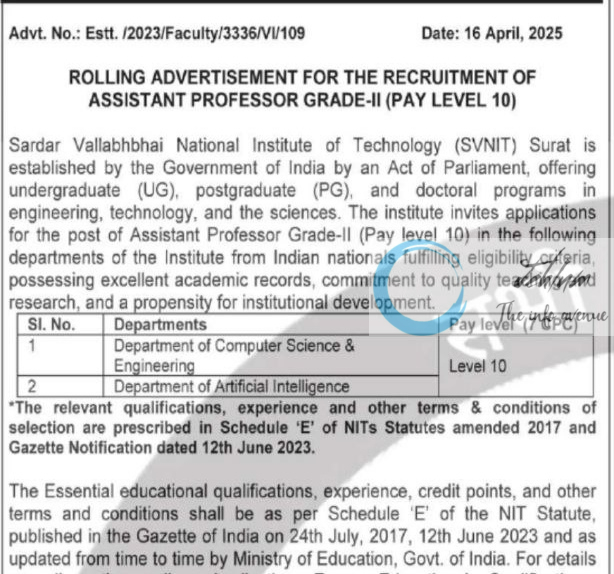 SARDAR VALLABHBHAI NATIONAL INSTITUTE OF TECHNOLOGY SVNIT SURAT AP ROLLING ADVERTISEMENT NO Estt /2023/Faculty/3336/VI/109