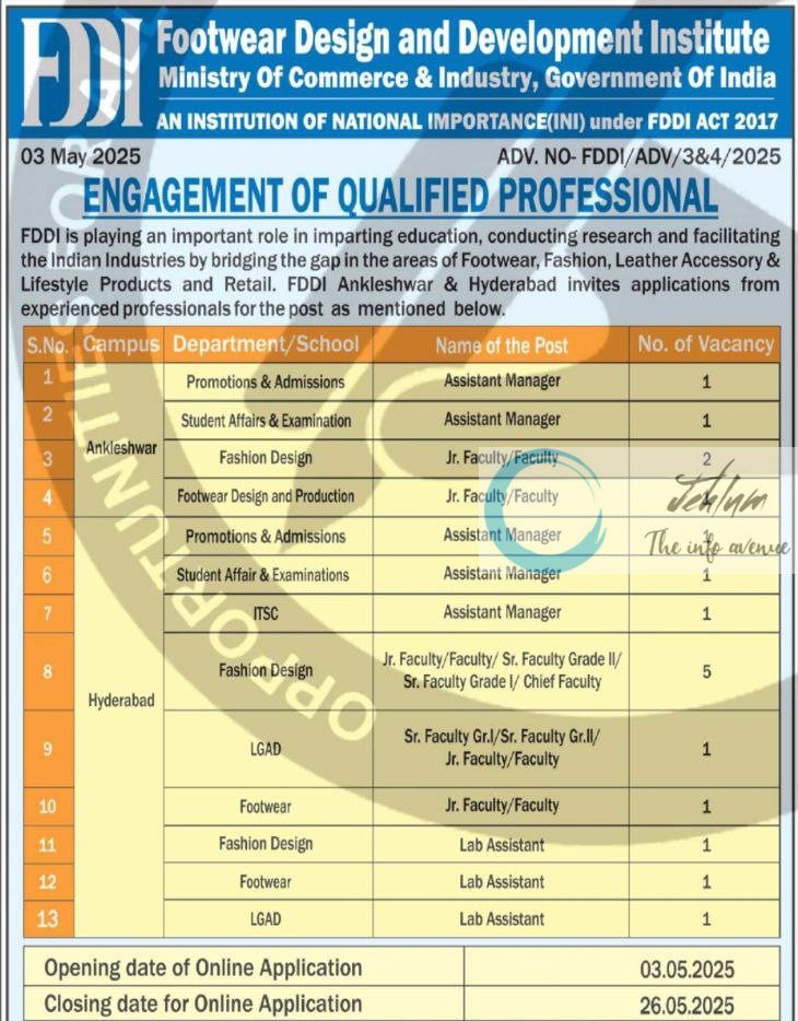 FOOTWEAR DESIGN AND DEVELOPMENT INSTITUTE FDDI RECRUITMENT ADVT NOTIFICATION NO FDDI/ADV/3&4/2025