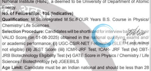 BHABHA ATOMIC RESEARCH CENTRE BARC JUNIOR RESEARCH FELLOWSHIP ADVT NOTIFICATION NO 1/2025 (R-V)