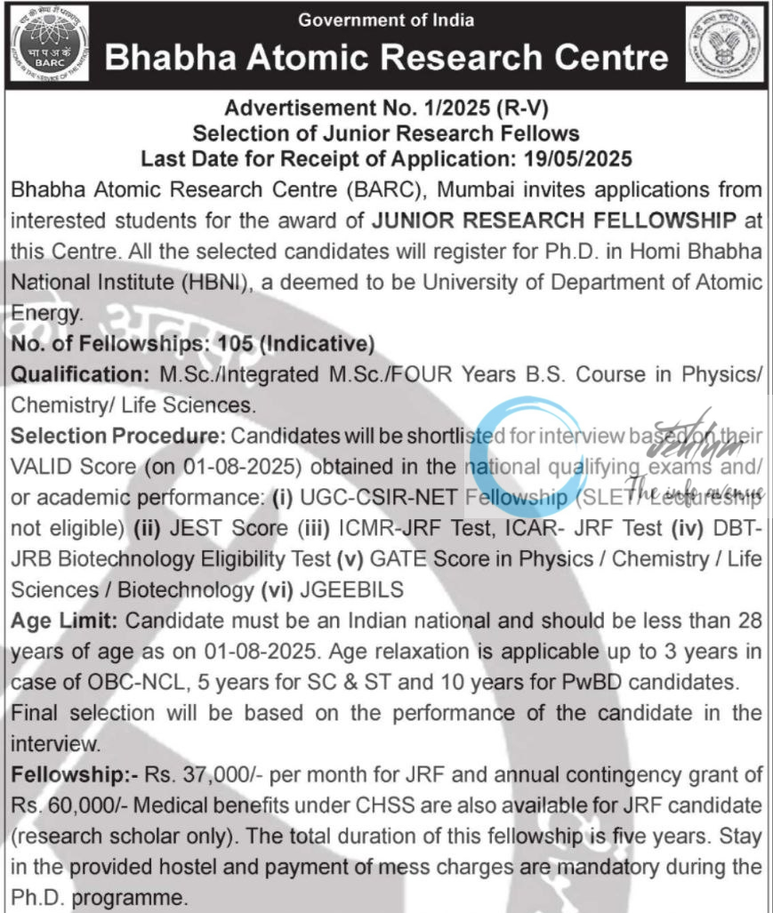BHABHA ATOMIC RESEARCH CENTRE BARC JRF ADVT NOTIFICATION NO 1/2025-R-V