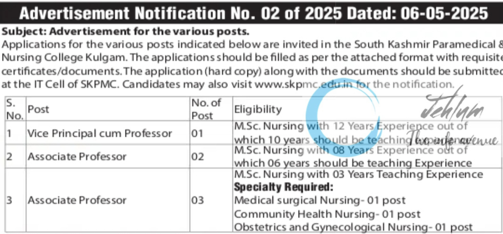 SOUTH KASHMIR PARAMEDICAL AND NURSING COLLEGE KULGAM RECRUITMENT ADVT NOTIFICATION NO 02/25 06/25