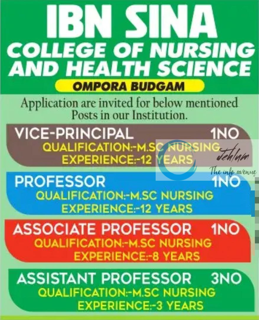 IBN SINA COLLEGE OF NURSING AND HEALTH SCIENCE BUDGAM RECRUITMENT ADVT NOTIFICATION 2025