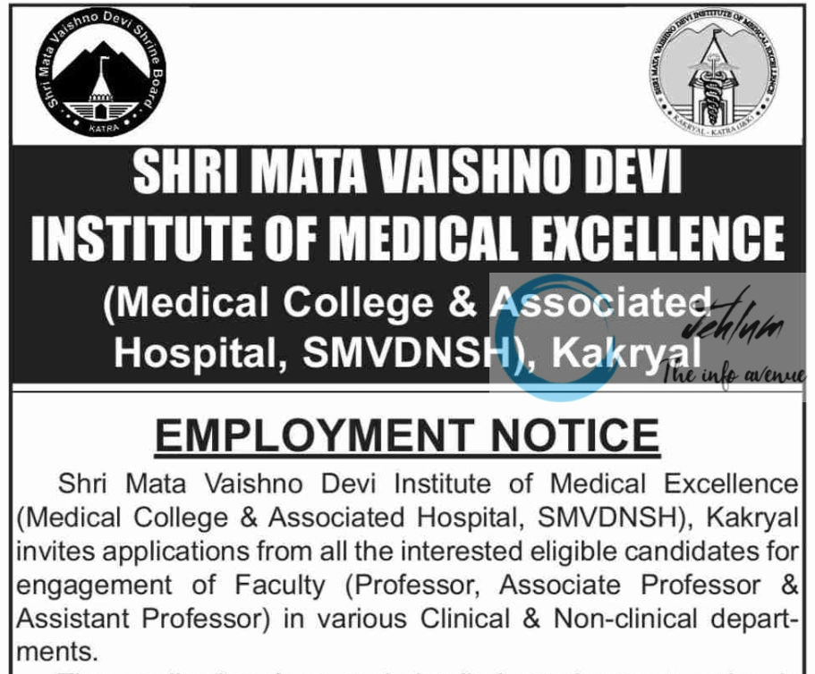SHRI MATA VAISHNO DEVI INSTITUTE OF MEDICAL EXCELLENCE EMPLOYMENT NOTICE ADVT NO SMVDIME/Rec/33