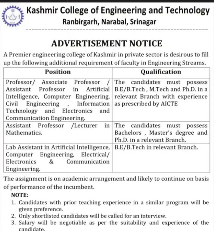 KASHMIR COLLEGE OF ENGINEERING AND TECHNOLOGY SRINAGAR RECRUITMENT ADVT NOTIFICATION NO F-Advertisement-KCET/2025/02