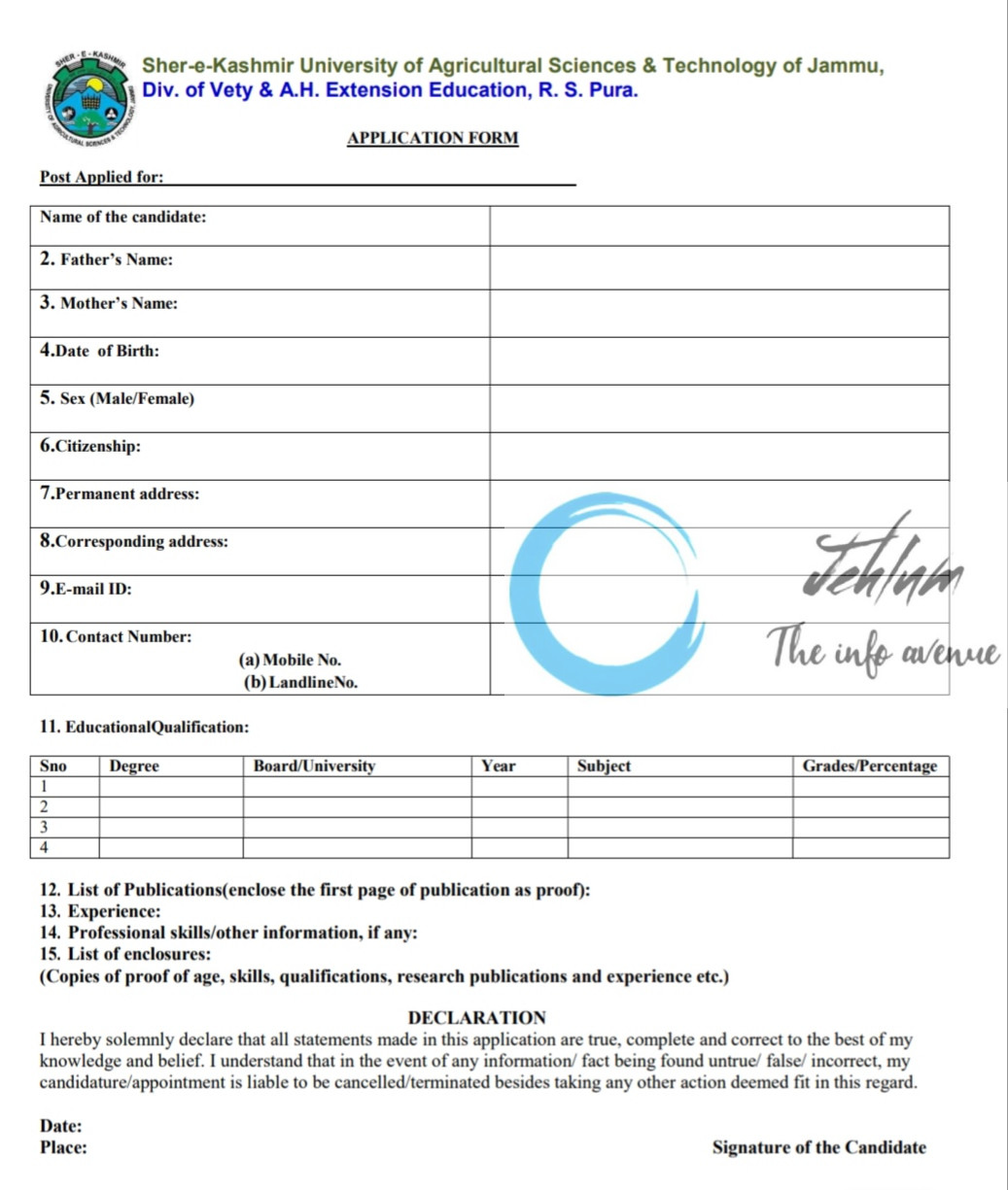 SKUAST JAMMU DIVISION OF VETERINARY & ANIMAL HUSBANDRY RECRUITMENT ADVT NOTIFICATION NO AUJ/FVSc/VAHEE/JKDST/2025-26/02-07