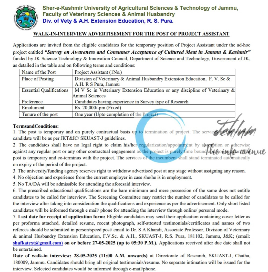 SKUAST JAMMU DIVISION OF VETERINARY & ANIMAL HUSBANDRY RECRUITMENT ADVT NOTIFICATION NO AUJ/FVSc/VAHEE/JKDST/2025-26/02-07 SKUAST JAMMU DIVISION OF VETERINARY & ANIMAL HUSBANDRY RECRUITMENT ADVT NOTIFICATION NO AUJ/FVSc/VAHEE/JKDST/2025-26/02-07