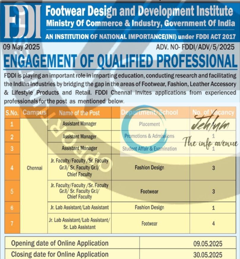 FOOTWEAR DESIGN AND DEVELOPMENT INSTITUTE RECRUITMENT ADVT NOTIFICATION NO FDDI/ADV/5/2025