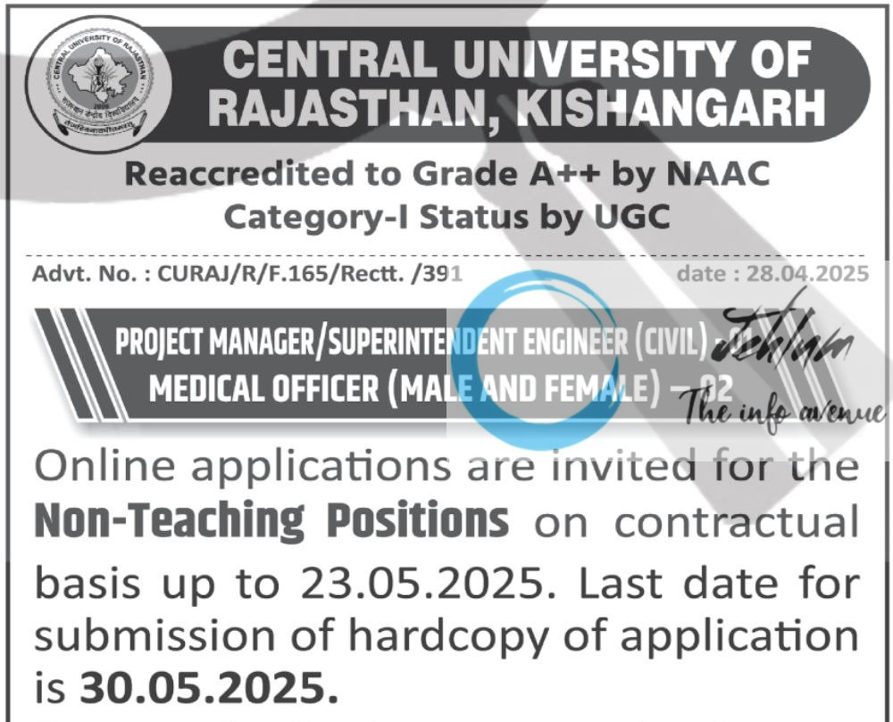 CENTRAL UNIVERSITY OF RAJASTHAN RECRUITMENT ADVT NOTIFICATION NO CURAJ/R/F/165/Rectt/391