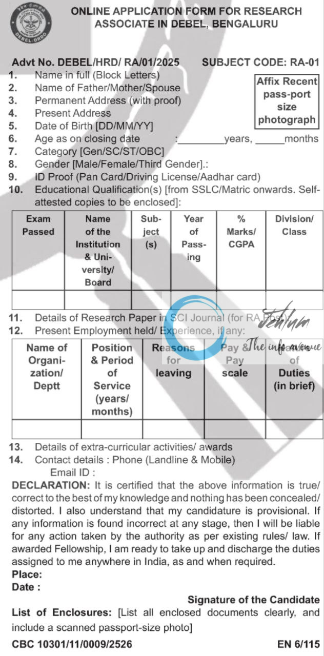 DEFENCE BIOENGINEERING AND ELECTROMEDICAL LABORATORY RECRUITMENT ADVT NOTIFICATION NO DEBEL/HRD/RA/01/2025